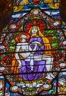 Pieta Virgin Mary Crucified Jesus stained glass, Basilica of Notre Dame de Fourviere, Lyon, France. Art Print